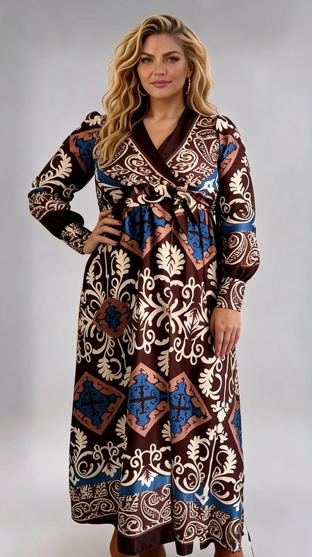Plus size φόρεμα μακρυμάνικο σατέν μάξι κρουαζέ καφέ εμπριμέ ιδανικό για ξεχωριστές boho εμφανίσεις! Ιδανικό να φορεθεί όλες τις εποχές.