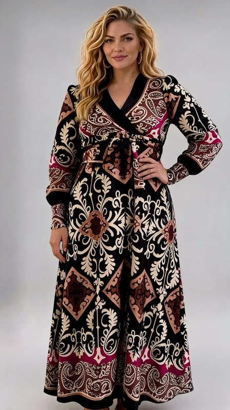 Plus size φόρεμα μακρυμάνικο σατέν μάξι κρουαζέ μαύρο εμπριμέ ιδανικό για ξεχωριστές boho εμφανίσεις! Ιδανικό να φορεθεί όλες τις εποχές.