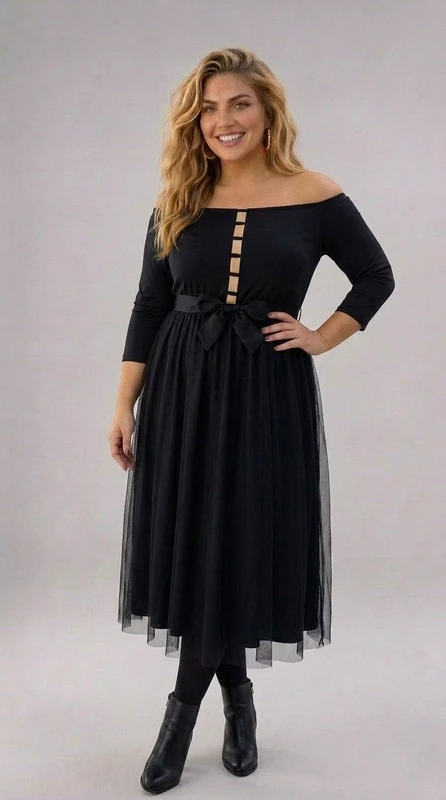 Plus size φόρεμα μαύρο μίντι αμπιγιέ με έξω ώμους και φούστα τούλινη. Ιδανικό για ξεχωριστές βραδινές αμπιγιέ chic εμφανίσεις!