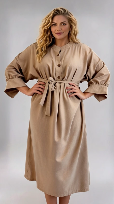 Plus size φόρεμα εκρού μίντι με τσέπες τύπου λινό από βισκόζη. Κατάλληλο να φορεθεί άνοιξη και καλοκαίρι!
