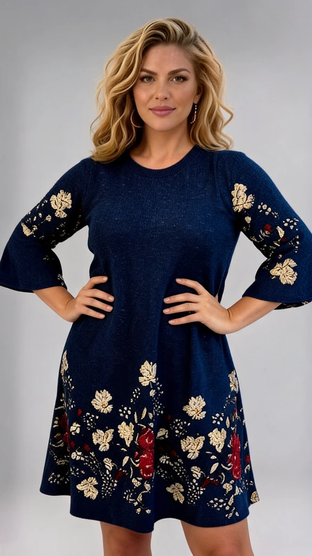 Plus size φόρεμα μίντι φλοράλ μπλε με καμπάνα, μανίκι 3/4, ύφασμα ελαστικό και μαλακό, ιδανικό να φορεθεί όλες τις εποχές του χρόνου με τα κατάλληλα αξεσουάρ.
