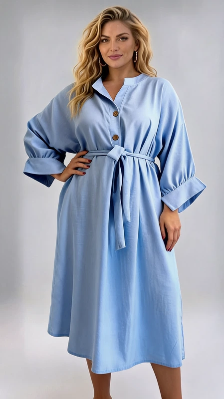 Plus size φόρεμα γαλάζιο μίντι με τσέπες τύπου λινό από βισκόζη. Κατάλληλο να φορεθεί άνοιξη και καλοκαίρι!