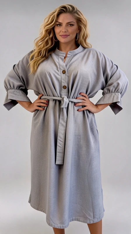 Plus size φόρεμα γκρι μίντι με τσέπες τύπου λινό από βισκόζη. Κατάλληλο να φορεθεί άνοιξη και καλοκαίρι!