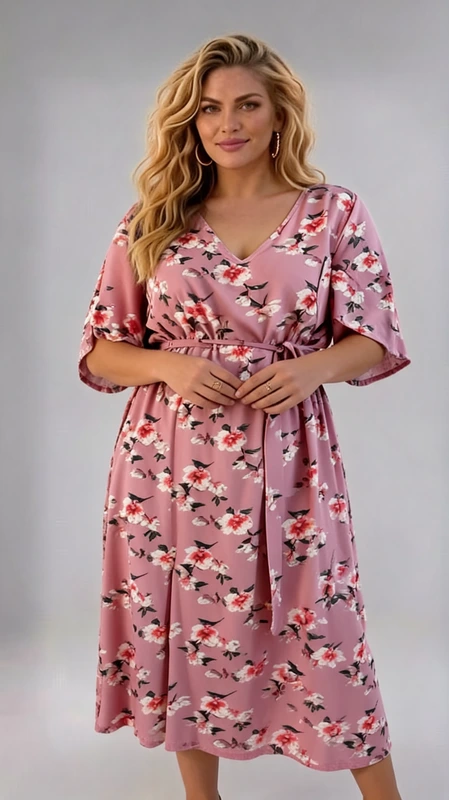 Plus size φόρεμα καλοκαιρινό, μίντι φλοράλ ροζ, μοντέρνο, από σταθερή βισκόζη. Ένα καθημερινό ρομαντικό φόρεμα που φοριέται Φθινόπωρο, Καλοκαίρι, έως και Άνοιξη.