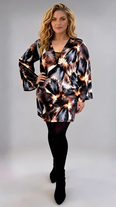 Plus size φόρεμα σατέν εμπριμέ μίνι βραδινό με καμπάνα μανίκια. Κατάλληλο να φορεθεί όλες τις εποχές του χρόνου, ιδανικό για ξεχωριστές chic εμφανίσεις!
