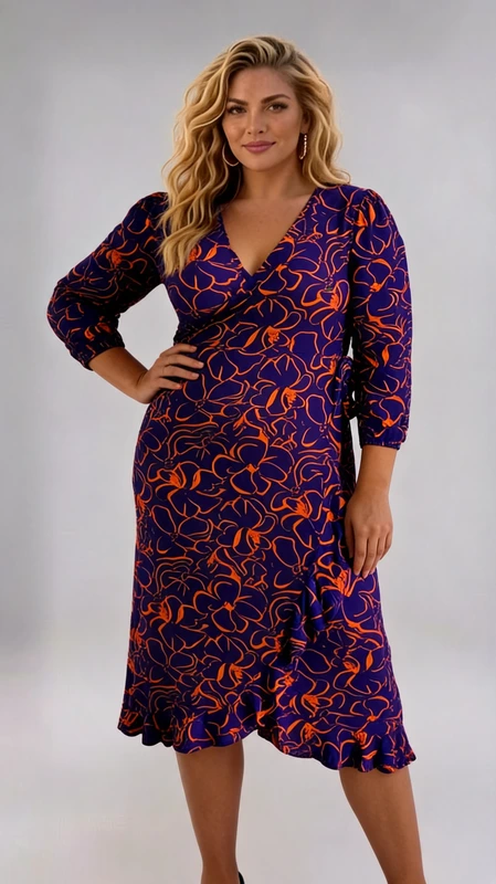 Αυτό το εντυπωσιακό φόρεμα plus size σε μοβ ρουά με πορτοκαλί φλοράλ μοτίβο αποτελεί την τέλεια επιλογή για τη χειμωνιάτικη γκαρνταρόμπα σας. Ο κρουαζέ σχεδιασμός με το V λαιμόκοψη κολακεύει τη σιλουέτα, ενώ το μήκος μέχρι τη μέση της γάμπας προσφέρει κομψότητα και άνεση. Τα μανίκια 3/4 είναι ιδανικά για τις ψυχρότερες μέρες, παρέχοντας κάλυψη χωρίς να περιορίζουν τις κινήσεις σας. Το ζωηρό φλοράλ μοτίβο με τις πορτοκαλί γραμμές σε φόντο έντονου μοβ δημιουργεί μια εντυπωσιακή αντίθεση που τραβάει τα βλέμματα. Το ελαφρώς ασύμμετρο τελείωμα με το απαλό βολάν προσθέτει θηλυκότητα και παιχνιδιάρικη διάθεση. Φορέστε το με μαύρες γόβες για επίσημες περιστάσεις ή συνδυάστε το με μποτάκια και ένα μαύρο σακάκι για καθημερινές εμφανίσεις με στυλ. Το ύφασμα αγκαλιάζει τις καμπύλες χωρίς να τις περιορίζει, προσφέροντας άνεση όλη μέρα. Ιδανικό για γραφείο, βραδινές εξόδους ή οικογενειακές συγκεντρώσεις.