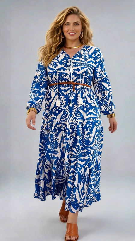 Plus size φόρεμα καλοκαιρινό μπλε - FRW409 | Candiashop Boutique, Αυτό το εντυπωσιακό φόρεμα σε ζωηρό κυανό μπλε και λευκό μοτίβο αποτελεί την τέλεια επιλογή για την καλοκαιρινή σας γκαρνταρόμπα. Το εξωτικό, μεσογειακής έμπνευσης σχέδιο δημιουργεί μια κομψή αίσθηση που θα σας κάνει να ξεχωρίζετε. Διαθέτει φαρδιά, άνετη γραμμή με μακριά φουσκωτά μανίκια που προσφέρουν κομψότητα και άνεση. Το φόρεμα συνοδεύεται από μια λεπτή καφέ ζώνη που τονίζει τη μέση, δημιουργώντας έναν κολακευτικό σιλουέτα. Το μήκος του φτάνει στους αστραγάλους, προσφέροντας αέρινη αίσθηση και άνεση στις κινήσεις. Ιδανικό για καλοκαιρινές εξορμήσεις, διακοπές σε νησιά ή απογευματινούς καφέδες. Συνδυάστε το με καφέ δερμάτινα αξεσουάρ, όπως τσάντα και μποτάκια, για ένα ολοκληρωμένο στυλ, ή με επίχρυσα κοσμήματα για μια πιο εντυπωσιακή εμφάνιση. Το ελαφρύ, αεράτο ύφασμα είναι ιδανικό για τις ζεστές καλοκαιρινές μέρες, ενώ το έντονο μοτίβο εγγυάται ότι θα γίνετε το επίκεντρο του ενδιαφέροντος όπου κι αν βρεθείτε.