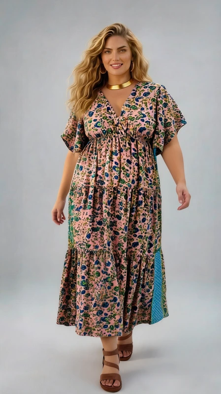 Plus size φόρεμα καλοκαιρινό μπλε - FRW415 | Candiashop Boutique, Αυτό το μάξι φόρεμα με φλοράλ μοτίβο αποτελεί την ιδανική επιλογή για το καλοκαίρι. Κατασκευασμένο από ελαφρύ, αέρινο ύφασμα σε μπεζ φόντο με πολύχρωμα λουλούδια σε αποχρώσεις του μπλε, πράσινου και μαύρου. Ο χαλαρός σχεδιασμός με φαρδιά μανίκια τύπου κιμονό προσφέρει άνεση, ενώ η ψηλή μέση με σούρες κολακεύει κάθε σωματότυπο. Το βαθύ V λαιμόκοψη χαρίζει θηλυκότητα, ενώ το βολάν στο κάτω μέρος προσθέτει κίνηση και ρομαντική διάθεση. Ιδιαίτερη λεπτομέρεια αποτελεί το τυρκουάζ διακοσμητικό στοιχείο στο πλάι που προσθέτει μια έξτρα πινελιά χρώματος. Φορέστε το με χρυσά αξεσουάρ, όπως το εντυπωσιακό κολιέ-τσόκερ της φωτογραφίας, και συνδυάστε το με επίπεδα σανδάλια για καθημερινές εμφανίσεις ή με πλατφόρμες για βραδινές εξόδους. Ιδανικό για παραλία, καλοκαιρινούς περιπάτους και διακοπές, αυτό το φόρεμα συνδυάζει κομψότητα και άνεση σε ένα ευέλικτο κομμάτι που θα λατρέψετε.