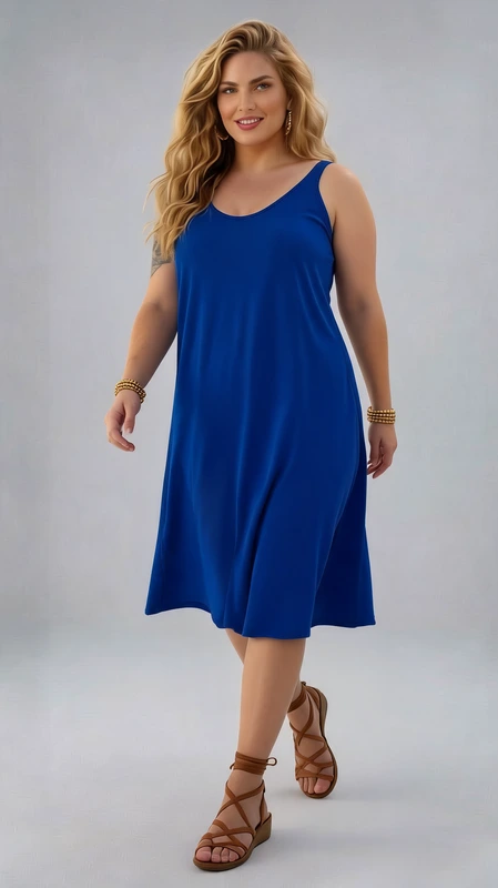 Plus size φόρεμα καλοκαιρινό μπλε - FRW422 | Candiashop Boutique, Αυτό το κομψό φόρεμα σε έντονο βασιλικό μπλε χρώμα είναι η τέλεια προσθήκη στη καλοκαιρινή σας γκαρνταρόμπα. Με την άνετη γραμμή Α που κολακεύει κάθε σωματότυπο, το φόρεμα πέφτει απαλά μέχρι τη μέση της γάμπας, χαρίζοντας κομψότητα και άνεση. Οι λεπτές τιράντες και η στρογγυλή λαιμόκοψη προσφέρουν διακριτική θηλυκότητα, ενώ το μαλακό, αεράτο ύφασμα εξασφαλίζει δροσιά ακόμα και τις πιο ζεστές καλοκαιρινές μέρες. Η απλή, διαχρονική σχεδίαση το καθιστά ιδανικό τόσο για καθημερινές εμφανίσεις όσο και για βραδινές εξόδους. Συνδυάστε το με λευκά παπούτσια, όπως φαίνεται στην εικόνα, για μια φρέσκια εμφάνιση ή με σανδάλια και ψάθινη τσάντα για μια χαλαρή βόλτα στην παραλία. Για πιο επίσημες περιστάσεις, προσθέστε μια ζώνη στη μέση και κοσμήματα που θα αναδείξουν το ζωηρό μπλε χρώμα. Το φόρεμα διατίθεται σε μεγάλο εύρος μεγεθών, αγκαλιάζοντας κάθε γυναικεία σιλουέτα με στυλ και αυτοπεποίθηση.