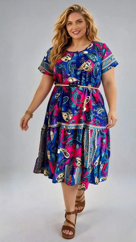 Plus size φόρεμα καλοκαιρινό μπλε - FRW432 | Candiashop Boutique, Αυτό το εντυπωσιακό καλοκαιρινό φόρεμα ξεχωρίζει με το πολύχρωμο μοτίβο paisley σε ζωηρές αποχρώσεις βαθύ μπλε, φούξια, τιρκουάζ και χρυσαφί. Με κοντά μανίκια τύπου ρεγκλάν και άνετη γραμμή, προσφέρει κολακευτική εφαρμογή που αγκαλιάζει απαλά τη σιλουέτα. Η μεσάτη γραμμή τονίζεται διακριτικά με μια λεπτή ζώνη, ενώ η φούστα πέφτει αέρινα σε μήκος midi με διακοσμητικά βολάν στο τελείωμα. Το εξωτικό μοτίβο με τα παραδοσιακά σχέδια και τις διακοσμητικές λεπτομέρειες στο κάτω μέρος προσδίδει μποέμ χαρακτήρα. Ιδανικό για καλοκαιρινές βόλτες, διακοπές ή περιστασιακές εξόδους, συνδυάζεται τέλεια με επίπεδα σανδάλια για την ημέρα ή με ψηλοτάκουνα για το βράδυ. Τα χρυσά κοσμήματα, όπως τα σκουλαρίκια που φαίνονται στη φωτογραφία, αναδεικνύουν ακόμα περισσότερο το στυλ του. Κατασκευασμένο από ελαφρύ, αεράτο ύφασμα, είναι η τέλεια επιλογή για τις ζεστές καλοκαιρινές μέρες, προσφέροντας άνεση και στυλ σε κάθε περίσταση.