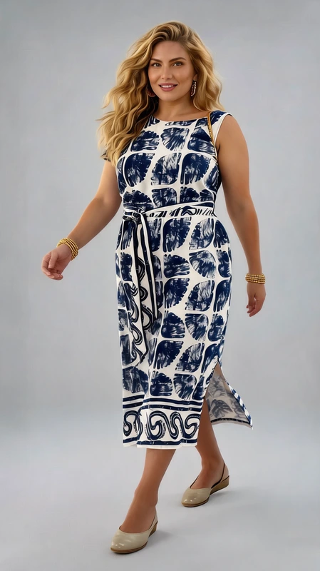 Plus size φόρεμα μπλε καλοκαιρινό - FRW533 | Candiashop Boutique, Αυτό το κομψό μάξι φόρεμα σε λευκό φόντο με έντονα μπλε ρουά μοτίβα αποτελεί την ιδανική επιλογή για την καλοκαιρινή σας γκαρνταρόμπα. Το εντυπωσιακό γεωμετρικό σχέδιο με τα μεγάλα μπλε μοτίβα που θυμίζουν φύλλα, συνδυάζεται αρμονικά με το διακοσμητικό κυματιστό μοτίβο στο κάτω μέρος, προσδίδοντας μια μεσογειακή πινελιά στην εμφάνισή σας. Το αμάνικο στυλ του με την ίσια λαιμόκοψη χαρίζει άνεση στις ζεστές μέρες, ενώ η ζώνη στη μέση τονίζει διακριτικά τη σιλουέτα. Κατασκευασμένο από ελαφρύ, αεράτο ύφασμα που επιτρέπει την άνετη κίνηση, είναι ιδανικό για καλοκαιρινές βόλτες, διακοπές στα νησιά ή απογευματινούς καφέδες. Συνδυάστε το με επίπεδα σανδάλια για μια καθημερινή εμφάνιση ή με κομψές πλατφόρμες και εντυπωσιακά κοσμήματα, όπως τα μακριά σκουλαρίκια που φαίνονται στην εικόνα, για βραδινές εξόδους. Διαθέσιμο σε μεγέθη plus size, αυτό το φόρεμα κολακεύει κάθε σωματότυπο, χαρίζοντας άνεση και στυλ χωρίς συμβιβασμούς.