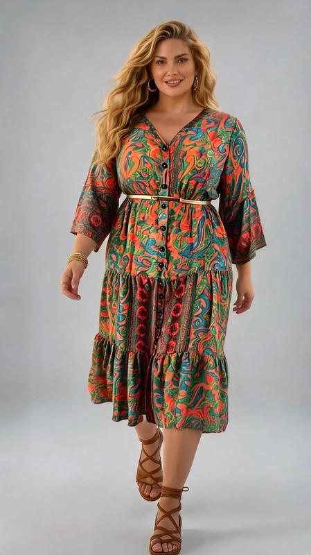 Plus size φόρεμα καλοκαιρινό πράσινο - FRW441 | Candiashop Boutique, Αυτό το εντυπωσιακό μάξι φόρεμα με το πολύχρωμο παϊσλί μοτίβο αποτελεί την τέλεια επιλογή για τις καλοκαιρινές σας εμφανίσεις. Σε ζωηρές αποχρώσεις του κοραλί, τυρκουάζ, πράσινου και χρυσαφί, το φόρεμα διαθέτει κομψό V λαιμόκοψη με κουμπιά σε όλο το μήκος του, προσφέροντας ευελιξία στο στυλ. Οι φαρδιές μανίκες 3/4 με το βολάν στις άκρες προσθέτουν μια ρομαντική πινελιά, ενώ η βαθμιδωτή φούστα με τα επίπεδα βολάν χαρίζει κίνηση και θηλυκότητα. Συνοδεύεται από μια λεπτή ζώνη στη μέση που τονίζει τη σιλουέτα, ενώ το άνετο φαρδύ σχέδιο κολακεύει κάθε σωματότυπο. Το φόρεμα είναι ιδανικό για καλοκαιρινές αποδράσεις, περιπάτους στην παραλία ή απογευματινά γεύματα. Συνδυάστε το με ταμπά πλατφόρμες και ψάθινη τσάντα για μια ολοκληρωμένη μποέμ εμφάνιση. Το ελαφρύ ύφασμα και η άνετη γραμμή του το καθιστούν ιδανική επιλογή για τις ζεστές καλοκαιρινές ημέρες, προσφέροντας άνεση και στυλ σε κάθε σας κίνηση.