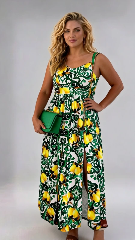 Ένα εντυπωσιακό maxi φόρεμα plus size που αποπνέει καλοκαιρινή χαρά και μεσογειακή κομψότητα. Το φόρεμα διαθέτει ένα ζωντανό μοτίβο με κίτρινα σχήμαα και πράσινα διακοσμητικά στοιχεία σε λευκό φόντο, δημιουργώντας ένα αναζωογονητικό και χαρούμενο αποτέλεσμα. Η σχεδίαση του προσδίδει έναν ιδιαίτερο και πολυτελή χαρακτήρα. Το φόρεμα διαθέτει λεπτές τιράντες, empire γραμμή κάτω από το στήθος που κολακεύει κάθε σιλουέτα, ενώ η φαρδιά ροή του κάτω μέρους εξασφαλίζει άνεση και ελευθερία κινήσεων. Ιδιαίτερο χαρακτηριστικό αποτελεί το σχίσιμο στο μπροστινό μέρος, που προσθέτει μια αισθησιακή νότα στο σύνολο. Μπορεί να φορεθεί σε καλοκαιρινές εκδρομές, βραδινές έξοδοι στην παραλία, γαμήλιες δεξιώσεις ή καλοκαιρινά πάρτι. Συνδυάζεται τέλεια με πράσινη τσάντα crossbody και χρυσά αξεσουάρ για ένα ολοκληρωμένο, fashion\u002Dforward εμφάνιση.