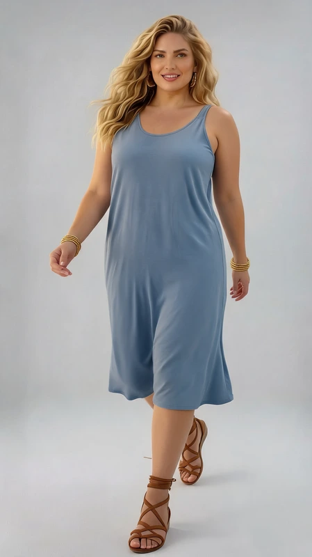 Plus size φόρεμα καλοκαιρινό ραφ - FRW424 | Candiashop Boutique, Απολαύστε την άνεση και την κομψότητα με αυτό το μοντέρνο φόρεμα σε υπέροχο γαλαζοπράσινο χρώμα. Κατασκευασμένο από ελαφρύ, αεράτο ύφασμα, αυτό το μάξι φόρεμα με τιράντες είναι ιδανικό για τις ζεστές καλοκαιρινές ημέρες. Η απλή γραμμή του και η χαλαρή εφαρμογή του κολακεύουν κάθε σωματότυπο, προσφέροντας άνετη κίνηση και δροσερή αίσθηση όλη μέρα. Το στρογγυλό ντεκολτέ και το ίσιο τελείωμα προσθέτουν μια διακριτική κομψότητα, ενώ το μήκος του φτάνει μέχρι τον αστράγαλο για μια θηλυκή εμφάνιση. Μπορεί να φορεθεί με λευκά παπούτσια, όπως φαίνεται στην εικόνα, ή με σανδάλια για καθημερινές εξορμήσεις, ενώ με τα κατάλληλα αξεσουάρ μεταμορφώνεται σε βραδινό σύνολο. Ιδανικό για παραλία, βόλτες στην πόλη ή χαλαρά καλοκαιρινά δείπνα, αυτό το φόρεμα συνδυάζει την άνεση με το στυλ και θα γίνει αναμφίβολα το αγαπημένο σας κομμάτι για το καλοκαίρι.