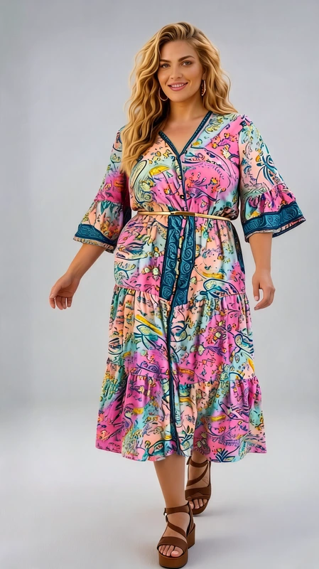 Plus size φόρεμα καλοκαιρινό ροζ - FRW442 | Candiashop Boutique, Αυτό το εντυπωσιακό φόρεμα σε μάξι γραμμή αποτελεί την τέλεια επιλογή για το καλοκαίρι. Διαθέτει ζωηρό πολύχρωμο μοτίβο σε αποχρώσεις του φούξια, γαλάζιου, ροζ, τιρκουάζ και κίτρινου, με περίτεχνα παϊσλεϊ και φλοράλ σχέδια που δημιουργούν μια αέρινη, μποέμ αισθητική. Η V-λαιμόκοψη με το κουμπωτό μπροστινό τμήμα προσθέτει κομψότητα, ενώ τα φαρδιά μανίκια 3/4 με τις διακοσμητικές μπλε μπορντούρες χαρίζουν άνεση και στυλ. Το φόρεμα διαθέτει ελαστική μέση με ζώνη που αναδεικνύει τη σιλουέτα, ενώ η φαρδιά βολάν φούστα προσφέρει άνεση στην κίνηση. Το απαλό, ελαφρύ ύφασμα είναι ιδανικό για τις ζεστές καλοκαιρινές μέρες και βραδιές. Φορέστε το με επίπεδα σανδάλια για καθημερινές εμφανίσεις ή με πλατφόρμες για βραδινές εξόδους. Ιδανικό για διακοπές, παραλιακούς περιπάτους ή καλοκαιρινά πάρτι. Συνδυάστε το με μεγάλα σκουλαρίκια και ψάθινη τσάντα για να ολοκληρώσετε την εμφάνισή σας με κομψότητα και στυλ.