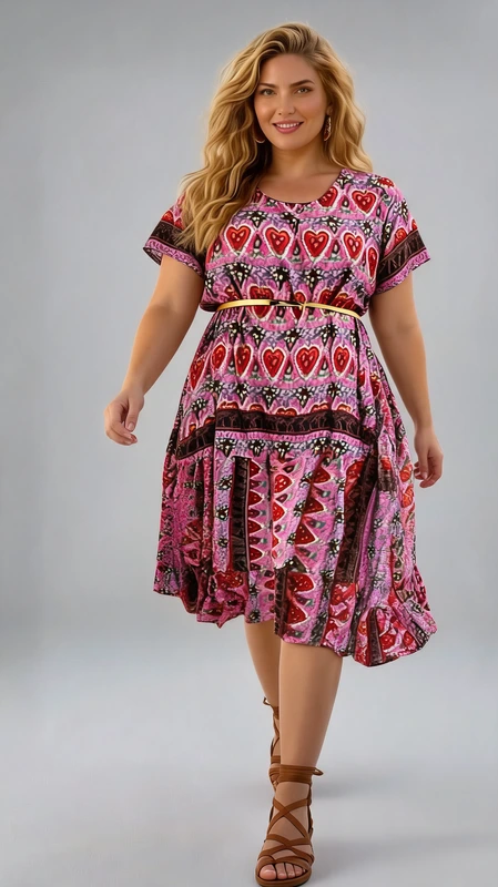 Plus size φόρεμα καλοκαιρινό ροζ - FRW444 | Candiashop Boutique, Αυτό το εντυπωσιακό καλοκαιρινό φόρεμα με τα ζωηρά μοτίβα θα προσθέσει χρώμα στη γκαρνταρόμπα σας. Διαθέτει μια μαγευτική παλέτα χρωμάτων που περιλαμβάνει αποχρώσεις του ροζ, μωβ, μπορντό και καφέ, διακοσμημένο με εθνικά μοτίβα και καρδιές που δημιουργούν ένα εξωτικό αποτέλεσμα. Το φόρεμα έχει άνετη γραμμή με κοντά μανίκια και στρογγυλή λαιμόκοψη, ενώ η μεσάτη σιλουέτα με τη λεπτή ζώνη τονίζει κολακευτικά τη μέση. Η ασύμμετρη φούστα με τα διαφορετικά επίπεδα προσθέτει κίνηση και θηλυκότητα, ενώ το μήκος στη μέση της γάμπας είναι ιδανικό για κάθε σωματότυπο. Μπορεί να φορεθεί με καφέ πέδιλα για καθημερινές εμφανίσεις ή με χρυσά αξεσουάρ για πιο επίσημες περιστάσεις. Το ανάλαφρο ύφασμα είναι ιδανικό για τις ζεστές μέρες, προσφέροντας άνεση και δροσιά. Αυτό το φόρεμα είναι η τέλεια επιλογή για καλοκαιρινές βόλτες, διακοπές ή ακόμα και για περιστασιακές εξόδους στην πόλη.