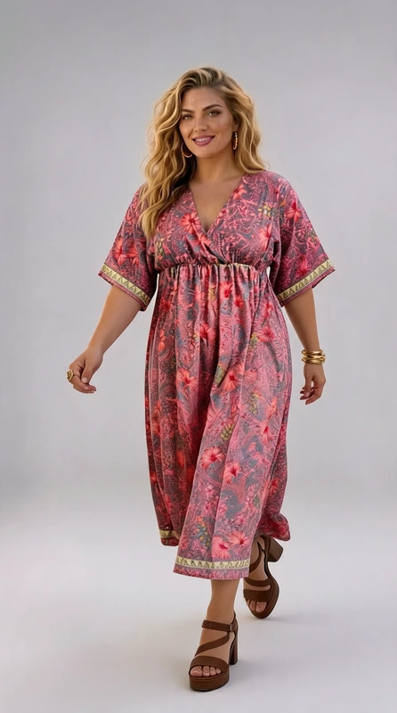 Plus size φόρεμα καλοκαιρινό ροζ - FRW463 | Candiashop Boutique, Αυτό το μαγευτικό φόρεμα σε απόχρωση κοραλί-φούξια με πλούσια εμπριμέ μοτίβα είναι η τέλεια επιλογή για τις καλοκαιρινές σας εμφανίσεις. Διαθέτει χαλαρή, άνετη γραμμή με ψηλή μέση που κολακεύει κάθε σωματότυπο, ενώ το V λαιμόκοψη προσδίδει κομψότητα και θηλυκότητα. Τα φαρδιά μανίκια τύπου κιμονό με τη διακοσμητική μπορντούρα στις άκρες προσφέρουν άνεση και στυλ, ενώ το μήκος του φορέματος που φτάνει μέχρι τον αστράγαλο χαρίζει αέρινη κίνηση. Το εντυπωσιακό εξωτικό μοτίβο σε αποχρώσεις του κόκκινου, μπλε και ροζ δημιουργεί ένα εκλεπτυσμένο μποέμ στυλ. Ιδανικό για καλοκαιρινές διακοπές, βόλτες στην παραλία ή απογευματινούς καφέδες. Συνδυάστε το με επίχρυσα κοσμήματα όπως φαίνεται στην εικόνα και δερμάτινα σανδάλια για μια ολοκληρωμένη εμφάνιση. Το απαλό, ελαφρύ ύφασμα εξασφαλίζει άνεση ακόμα και τις πιο ζεστές καλοκαιρινές ημέρες, ενώ η ευκολία στη φροντίδα του το καθιστά απαραίτητο κομμάτι για κάθε γυναικεία γκαρνταρόμπα.
