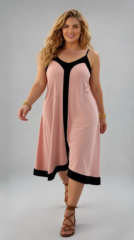 Plus size φόρεμα καλοκαιρινό σομόν - FRW454 | Candiashop Boutique, Αυτό το κομψό καλοκαιρινό φόρεμα σε απαλό ροζ της πούδρας με μαύρες λεπτομέρειες αποτελεί την ιδανική επιλογή για άνετες καλοκαιρινές εμφανίσεις. Η ασύμμετρη γραμμή του με το χαρακτηριστικό μαύρο περίγραμμα δημιουργεί μια εντυπωσιακή αντίθεση που κολακεύει κάθε σωματότυπο. Το φόρεμα διαθέτει λεπτές τιράντες και χαλαρή εφαρμογή που χαρίζει άνεση στις ζεστές μέρες, ενώ το μήκος του φτάνει κάτω από το γόνατο με ιδιαίτερο ασύμμετρο τελείωμα. Κατασκευασμένο από ελαφρύ, αεράτο ύφασμα που επιτρέπει την κυκλοφορία του αέρα, είναι ιδανικό για καθημερινές βόλτες, απογευματινούς καφέδες ή ακόμα και για χαλαρές βραδινές εξόδους. Συνδυάζεται τέλεια με μαύρα πέδιλα όπως αυτά της φωτογραφίας, αλλά και με flat σανδάλια για πιο casual εμφανίσεις. Το φόρεμα είναι σχεδιασμένο για να προσφέρει κολακευτική εφαρμογή σε όλα τα μεγέθη, αναδεικνύοντας τη θηλυκότητα με κομψότητα και στυλ. Η αντίθεση των χρωμάτων και το ρέον ύφασμα το καθιστούν ένα διαχρονικό κομμάτι για κάθε καλοκαιρινή γκαρνταρόμπα.