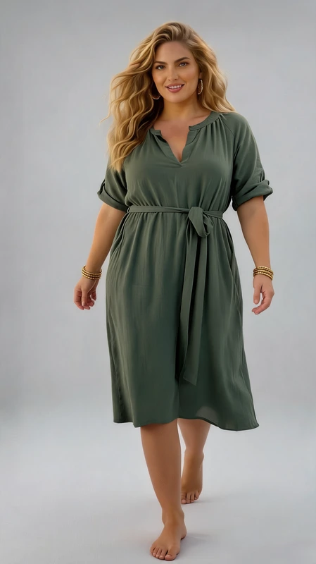 Plus size φόρεμα χακί - FRW543 | Candiashop Boutique, Αυτό το κομψό φόρεμα σε πράσινο χακί απόχρωση είναι η ιδανική επιλογή για κάθε γυναίκα που αναζητά άνεση και στυλ. Κατασκευασμένο από ελαφρύ, αέρινο ύφασμα με ιδιαίτερη υφή, προσφέρει μια χαλαρή εφαρμογή που κολακεύει τη σιλουέτα. Το μεσάτο σχέδιο με τη ζώνη στη μέση αναδεικνύει τις καμπύλες, ενώ το μήκος μέχρι τη γάμπα χαρίζει διαχρονική κομψότητα. Τα μανίκια με δυνατότητα αναδίπλωσης προσφέρουν ευελιξία στο στυλ, ενώ το λαιμόκοψμα με άνοιγμα V δημιουργεί μια θηλυκή πινελιά. Φορέστε το με πλατφόρμες για καλοκαιρινές βραδινές εξόδους ή συνδυάστε το με μποτάκια και τζιν μπουφάν για πιο casual εμφανίσεις. Είναι ιδανικό για καθημερινές δραστηριότητες, αλλά και για πιο επίσημες περιστάσεις. Η άνετη γραμμή του και το φιλικό προς το σώμα ύφασμα το καθιστούν την τέλεια επιλογή για όλες τις ώρες της ημέρας, ενώ η διαχρονική του απόχρωση συνδυάζεται εύκολα με διάφορα αξεσουάρ, προσφέροντας αμέτρητες επιλογές στιλιστικών συνδυασμών.