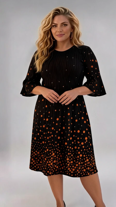 Αυτό το κομψό φόρεμα plus size σε χακί χρώμα με χάλκινες λεπτομέρειες είναι η ιδανική επιλογή για την χειμερινή σας γκαρνταρόμπα. Το εντυπωσιακό μοτίβο με πουά σε αποχρώσεις του χαλκού δημιουργεί μια εντυπωσιακή διαβάθμιση, με τις κουκκίδες να πυκνώνουν προς το κάτω μέρος του φορέματος, προσδίδοντας μια αίσθηση κίνησης και κομψότητας. Η γραμμή του είναι άνετη και κολακευτική, με μήκος κάτω από το γόνατο που αναδεικνύει τη σιλουέτα με διακριτική θηλυκότητα. Τα μανίκια τριών τετάρτων με το φαρδύ τελείωμα προσθέτουν μια πινελιά κομψότητας και καλύπτουν τα μπράτσα με χάρη. Η στρογγυλή λαιμόκοψη ολοκληρώνει τον διαχρονικό σχεδιασμό του. Ιδανικό για βραδινές εξόδους, επαγγελματικές συναντήσεις ή ειδικές περιστάσεις, συνδυάζεται τέλεια με μαύρες γόβες και μια μικρή τσάντα φάκελο. Προσθέστε χρυσά ή χάλκινα κοσμήματα για να αναδείξετε ακόμα περισσότερο το λαμπερό μοτίβο του φορέματος και να ολοκληρώσετε την εμφάνισή σας με στυλ και αυτοπεποίθηση.