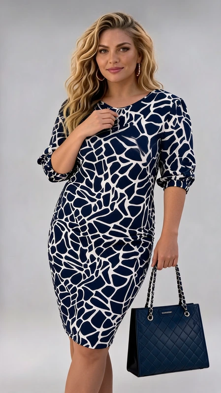 Plus size χειμωνιάτικο μίντι φόρεμα, μπλε άσπρο,σε πένσιλ γραμμή.