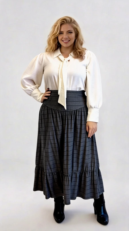 Plus size φούστα ψηλόμεση μάξι σε γκρι χρώμα ψηλόμεση με βολάν στο τελείωμα και λεπτή μαύρη ρίγα. Ιδανικός συνδυασμός με μπλούζα crop top!