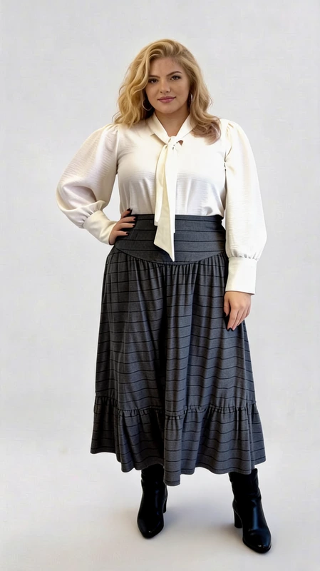 Plus size φούστα ψηλόμεση μάξι σε γκρι χρώμα - FPS115 | Candiashop Boutique, Plus size φούστα ψηλόμεση μάξι σε γκρι χρώμα ψηλόμεση με βολάν στο τελείωμα και λεπτή μαύρη ρίγα. Ιδανικός συνδυασμός με μπλούζα crop top!