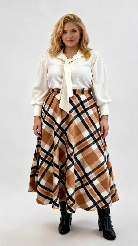 Plus size φούστα ψηλόμεση μάξι μάλλινη σε άλφα γραμμή σε χρώμα καφέ καρό και λευκό. Ιδανικός συνδυασμός με μπλούζα ζιβάγκο!