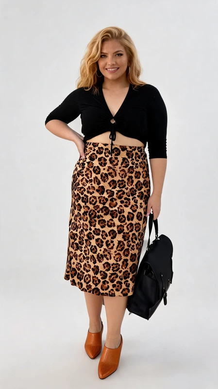 Plus size φούστα ψηλόμεση μίντι σε ίσια γραμμή και animal print χρώμα, με λάστιχο στην μέση. Ιδανικός συνδυασμός με μπλούζα ζιβάγκο ή άσπρο πουκάμισο!