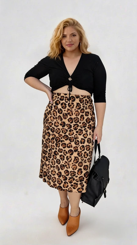 Plus size φούστα ψηλόμεση μίντι και animal print χρώμα - FPS125 | Candiashop Boutique, Plus size φούστα ψηλόμεση μίντι σε ίσια γραμμή και animal print χρώμα, με λάστιχο στην μέση. Ιδανικός συνδυασμός με μπλούζα ζιβάγκο ή άσπρο πουκάμισο!