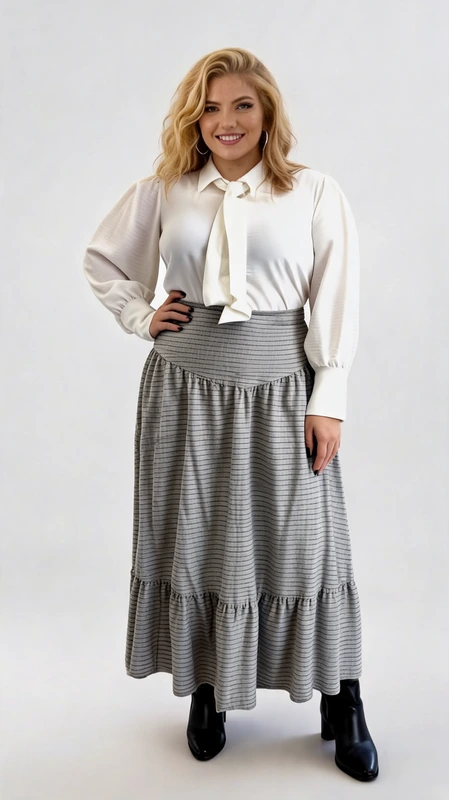 Plus size φούστα ψηλόμεση μάξι σε γκρι χρώμα ψηλόμεση με βολάν στο τελείωμα και λεπτή μαύρη ρίγα. Ιδανικός συνδυασμός με μπλούζα crop top!