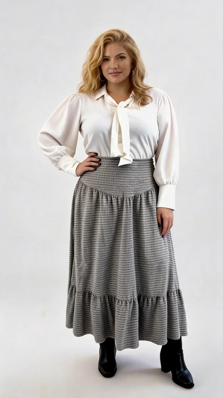 Plus size φούστα ψηλόμεση μάξι σε γκρι χρώμα - FPS123 | Candiashop Boutique, Plus size φούστα ψηλόμεση μάξι σε γκρι χρώμα ψηλόμεση με βολάν στο τελείωμα και λεπτή μαύρη ρίγα. Ιδανικός συνδυασμός με μπλούζα crop top!