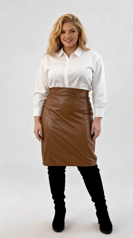 Plus size φούστα ψηλόμεση midi, pencil σε ταμπά με ελαστικό ύφασμα δερματίνης που αγκαλιάζει την κοιλιά και φτάνει στο στήθος. Στο πίσω μέρος της μέσης έχει λάστιχο.