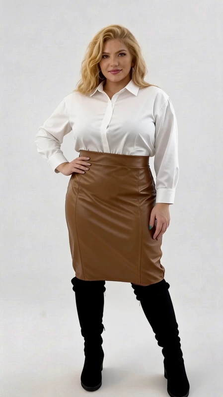 Plus size φούστα ψηλόμεση midi pencil δερμάτινη ταμπά - FPS104 | Candiashop Boutique, Plus size φούστα ψηλόμεση midi, pencil σε ταμπά με ελαστικό ύφασμα δερματίνης που αγκαλιάζει την κοιλιά και φτάνει στο στήθος. Στο πίσω μέρος της μέσης έχει λάστιχο.
