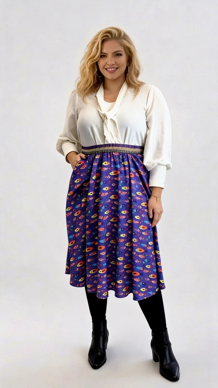 Plus size φούστα ψηλόμεση μίντι μοβ σατέν με γυαλιστερή ζώνη από γλίτερ λάστιχο, σε άλφα γραμμή με πολύ ιδιαίτερο σχέδιο ψαράκια πολύχρωμα!