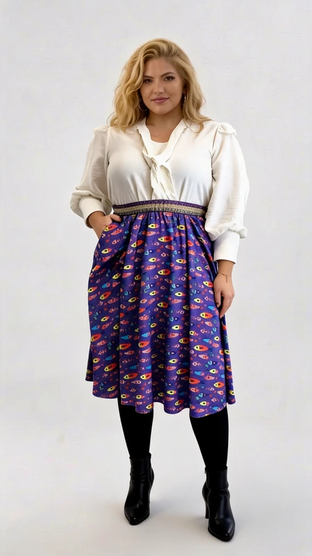 Plus size φούστα μίντι σατέν σε χρώμα μοβ - FPS118 | Candiashop Boutique, Plus size φούστα ψηλόμεση μίντι μοβ σατέν με γυαλιστερή ζώνη από γλίτερ λάστιχο, σε άλφα γραμμή με πολύ ιδιαίτερο σχέδιο ψαράκια πολύχρωμα!