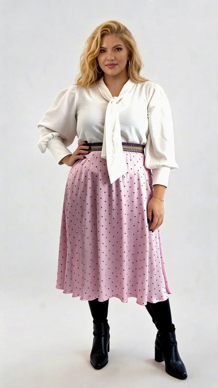 Plus size φούστα μίντι σατέν σε χρώμα ροζ - FPS119 | Candiashop Boutique, Plus size φούστα ψηλόμεση μίντι ροζ πουά σατέν με γυαλιστερή ζώνη από γλίτερ λάστιχο, σε άλφα γραμμή!