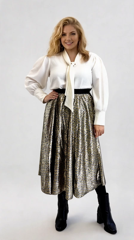 Plus size φούστα αμπιγιέ ψηλόμεση μάξι σε χρυσό, μαύρο χρώμα. Ιδανικός συνδυασμός με μπλούζα σατέν μαύρο top!
