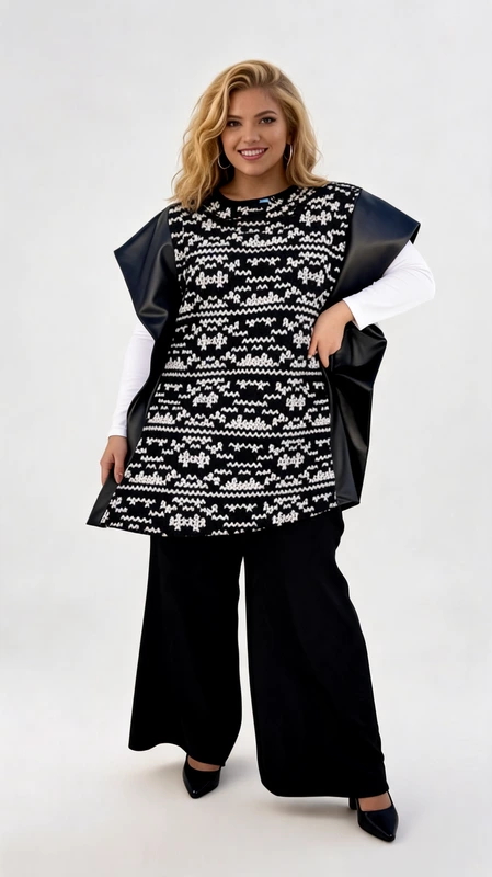 Plus size κάπα γυναικεία σε χρώμα άσπρο και μαύρο, με θηλιά και δερματίνη. Εύκολη και βολική, ελαφριά και πολύ στυλάτη!
