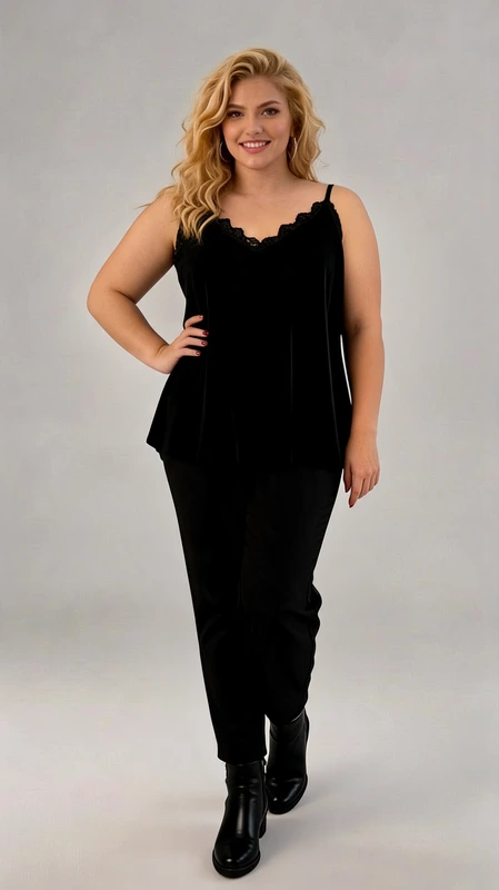 Plus size lingerie μαύρο - LIN130 | Candiashop Boutique, Αυτό το κομψό μαύρο λινζερί αποτελεί την τέλεια επιλογή για κάθε γυναίκα που αναζητά άνεση και στυλ. Το τοπ διαθέτει λεπτές τιράντες και έναν όμορφο κυματιστό σχεδιασμό στο ντεκολτέ, προσθέτοντας μια θηλυκή πινελιά στο κλασικό μαύρο χρώμα. Η φαρδιά γραμμή του επιτρέπει ελευθερία κινήσεων και κολακεύει κάθε σωματότυπο, ενώ το υλικό φαίνεται απαλό και ευχάριστο στην αφή. Το παντελόνι, επίσης σε βαθύ μαύρο, έχει μια άνετη εφαρμογή που αγκαλιάζει τις καμπύλες χωρίς να περιορίζει. Το σύνολο μπορεί να φορεθεί τόσο για βραδινές εξόδους όσο και για πιο χαλαρές περιστάσεις, συνδυασμένο με μποτάκια όπως στην εικόνα ή με γόβες για πιο επίσημες εμφανίσεις. Ιδανικό για όλες τις εποχές, αυτό το σύνολο αποτελεί βασικό κομμάτι για κάθε γυναικεία γκαρνταρόμπα. Συνδυάστε το με ένα statement κόσμημα και ένα σακάκι για να ολοκληρώσετε την εμφάνισή σας με στυλ και κομψότητα.