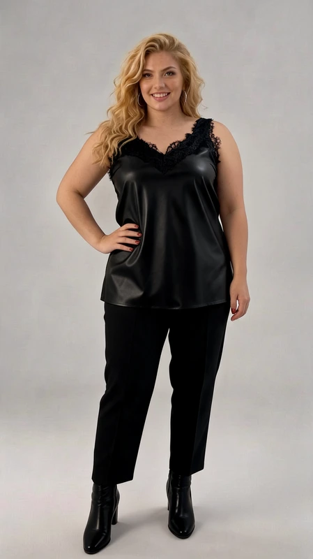 Plus size lingerie μαύρο - LIN133 | Candiashop Boutique, Κομψό σατέν τοπ με δαντελωτές λεπτομέρειες σε βαθύ μαύρο χρώμα, ιδανικό για άνετες βραδινές εμφανίσεις. Η απαλή γυαλιστερή υφή του σατέν χαρίζει μια πολυτελή αίσθηση, ενώ η διακριτική δαντέλα στο ντεκολτέ προσθέτει μια θηλυκή πινελιά. Ο φαρδύς σχεδιασμός κολακεύει κάθε σωματότυπο, προσφέροντας άνεση χωρίς να θυσιάζει το στυλ. Συνδυάζεται τέλεια με το μαύρο παντελόνι που το συνοδεύει, δημιουργώντας ένα κομψό σύνολο για βραδινές εξόδους ή χαλαρές περιστάσεις. Οι λεπτές τιράντες προσαρμόζονται εύκολα για την τέλεια εφαρμογή, ενώ το V-σχήμα του ντεκολτέ αναδεικνύει διακριτικά τη σιλουέτα. Αυτό το πολυμορφικό κομμάτι μπορεί να φορεθεί και κάτω από σακάκια ή ζακέτες για μια πιο επίσημη εμφάνιση. Η εξαιρετική ποιότητα του υφάσματος εξασφαλίζει διάρκεια στο χρόνο, διατηρώντας τη λάμψη και το σχήμα του ακόμα και μετά από πολλαπλές χρήσεις και πλύσεις. Ένα απαραίτητο κομμάτι για κάθε γυναικεία γκαρνταρόμπα.