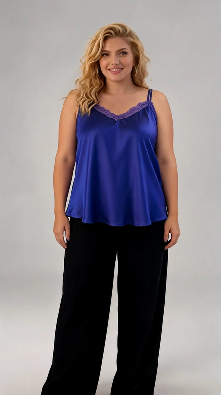 Plus Size Lingerie Top μοβ σατέν με δαντέλα - LIN109 | Candiashop Boutique, Ιδανικό μεσοφόρι για όλες τις εποχές του χρόνου. Αυτό το σατέν λινζερί μοβ μπλουζάκι με τιραντάκι και δαντέλα μπορεί να φορεθεί σκέτο ή μέσα από σακάκι ή ζακέτα. Διάλεξε το αγαπημένο σου χρώμα και φώτισε το σκούρο κοστούμι σου!