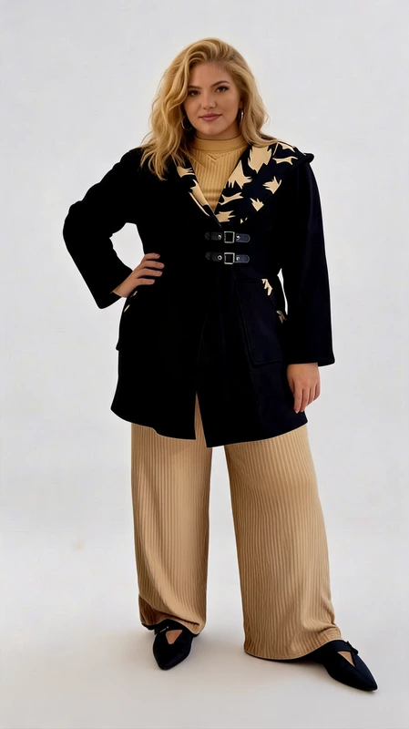 Μπουφάν γυναικείο μαύρο plus size - MPS113 | Candiashop Boutique, Κομψό γυναικείο μπουφάν σε βαθύ μπλε σκούρο χρώμα που συνδυάζεται άψογα με την μπεζ εσωτερική επένδυση με διακοσμητικό μοτίβο. Διαθέτει μοντέρνο σχεδιασμό με ιδιαίτερο γιακά που αναδεικνύει την αντίθεση των χρωμάτων και προσθέτει μια πινελιά κομψότητας. Το μπουφάν κλείνει με δύο διακοσμητικές μεταλλικές αγκράφες στο μπροστινό μέρος, προσφέροντας στιλ και λειτουργικότητα. Η άνετη γραμμή του επιτρέπει να φορεθεί πάνω από πλεκτά και πουλόβερ, ενώ το μήκος του είναι ιδανικό για καθημερινή χρήση. Συνδυάζεται τέλεια με πλεκτά παντελόνια μπεζ όπως αυτό της εικόνας, αλλά και με τζιν ή φούστες για διαφορετικά στυλ. Οι μακριές μανίκες προσφέρουν άνεση και προστασία από το κρύο, ενώ η κομψή σιλουέτα του κολακεύει κάθε σωματότυπο. Ιδανικό για καθημερινές εμφανίσεις στην πόλη, επαγγελματικές συναντήσεις ή βραδινές εξόδους, αυτό το μπουφάν θα γίνει το αγαπημένο σας κομμάτι για τη χειμερινή σεζόν, προσφέροντας στιλ και ζεστασιά.