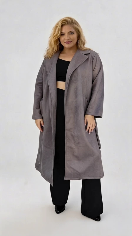 Plus size γκρί παλτό γυναικείο μακρύ, μεσάτο, σε κλασική γραμμή. Από ύφασμα αλκαντάρα. Πάρα πολύ μαλακό, ελαστικό και στυλάτο!