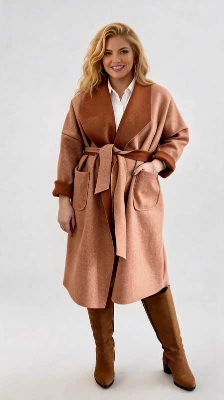 Plus size παλτό γυναικείο μακρύ, μεσάτο, σε καφέ χρώμα - PPS101 | Candiashop Boutique, Plus size παλτό γυναικείο μακρύ, μεσάτο, καφέ από χοντρή τσόχα που καλύπτει την περιφέρεια. Πάρα πολύ ζεστό και πολύ στυλάτο! Συνοδεύεται από την ζώνη του στο ίδιο ύφασμα και χρώμα.