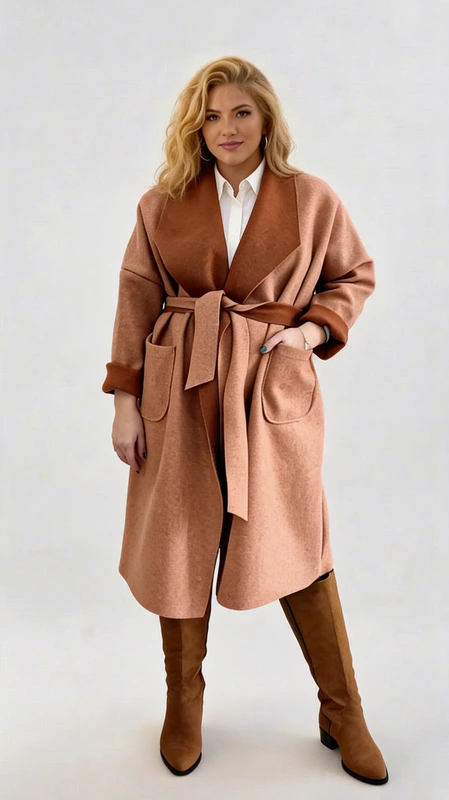 Plus size παλτό γυναικείο μακρύ, μεσάτο, σε καφέ χρώμα - PPS101 | Candiashop Boutique, Plus size παλτό γυναικείο μακρύ, μεσάτο, καφέ από χοντρή τσόχα που καλύπτει την περιφέρεια. Πάρα πολύ ζεστό και πολύ στυλάτο! Συνοδεύεται από την ζώνη του στο ίδιο ύφασμα και χρώμα.