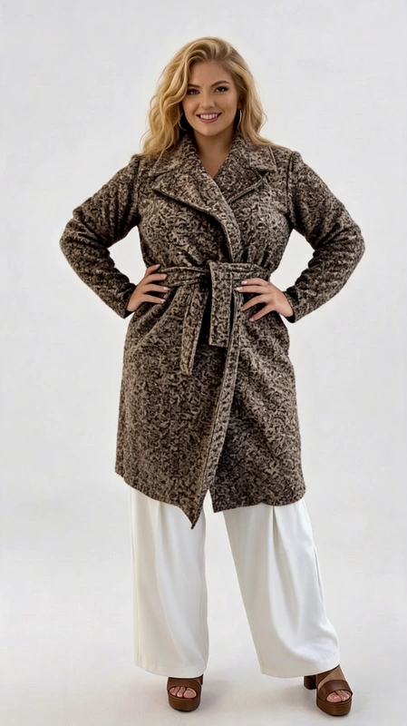 Plus size παλτό γυναικείο μακρύ, μεσάτο, σε χρώμα καφέ από ύφασμα μπουκλέ αφοδράριστο, πάρα πολύ μαλακό. Ζεστό, ελαφρύ και πολύ στυλάτο!