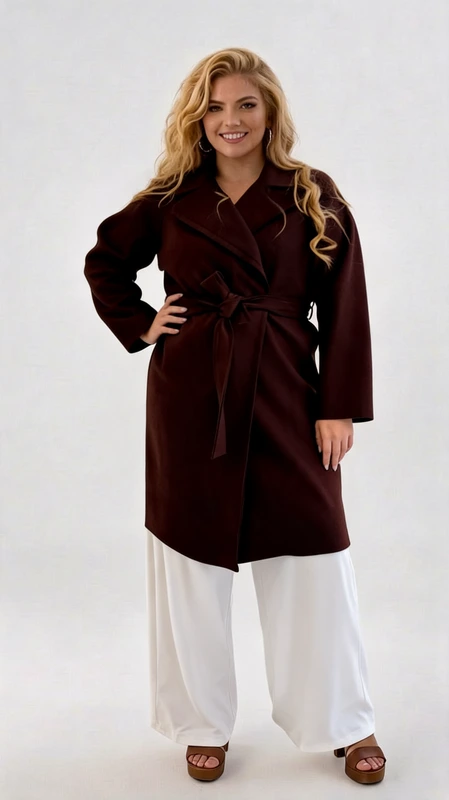 Plus size παλτό γυναικείο μακρύ, μεσάτο, σε χρώμα καφέ από ύφασμα μπουκλέ αφοδράριστο, πάρα πολύ μαλακό. Ζεστό, ελαφρύ και πολύ στυλάτο!