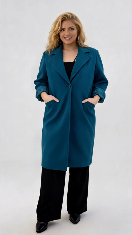Plus size παλτό γυναικείο μακρύ, μεσάτο, πετρόλ, oversized, σε κλασική γραμμη. Από μοχέρ ύφασμα φοδραρισμένο. Πάρα πολύ ζεστό και πολύ στυλάτο!