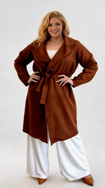 Plus size παλτό γυναικείο μακρύ, μεσάτο, σε χρώμα ταμπά από ύφασμα μπουκλέ αφοδράριστο, πάρα πολύ μαλακό. Ζεστό, ελαφρύ και πολύ στυλάτο!